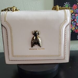 White and Gold Crossbody Bag with Bee Embellishment